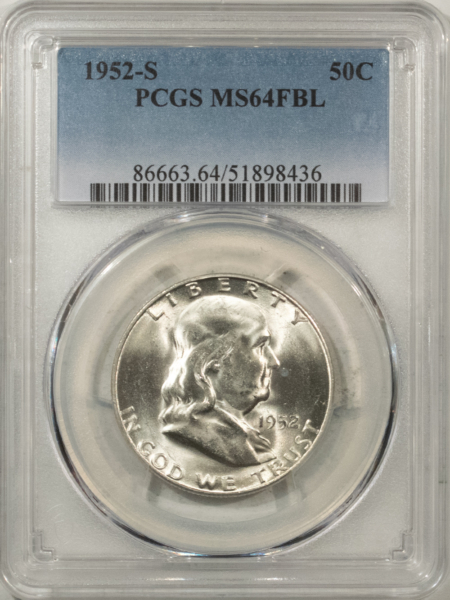 New Certified Coins 1952-S FRANKLIN HALF DOLLAR – PCGS MS-64 FBL, FRESH WHITE TOUGH IN FBL!