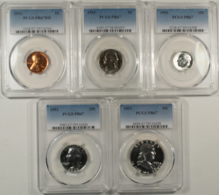 New Certified Coins 1953 5 COIN US SILVER PROOF SET – PCGS PR-67, SUPERB GEM MATCHED SET! RED CENT!