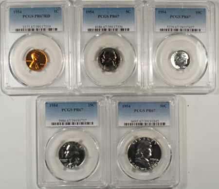 New Certified Coins 1954 5 COIN US SILVER PROOF SET – PCGS PR-67, SUPERB GEM WITH RED CENT!