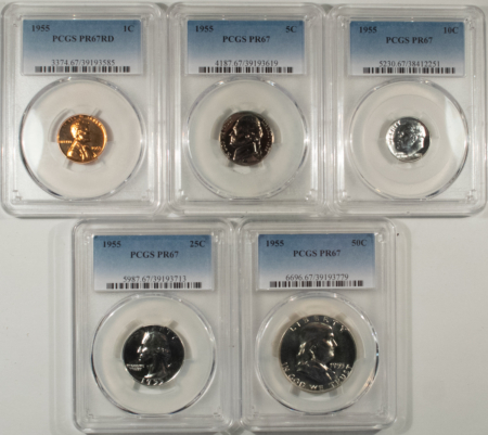 New Certified Coins 1955 5 COIN US SILVER PROOF SET – PCGS PR-67, SUPERB GEM WITH RED CENT!