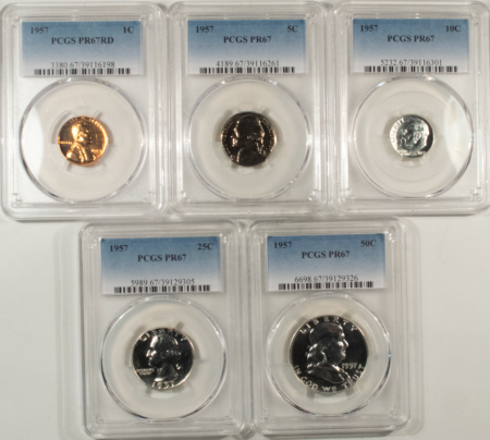 New Certified Coins 1957 5 COIN US SILVER PROOF SET – PCGS PR-67, MATCHED SUPERB GEM WITH RED CENT!