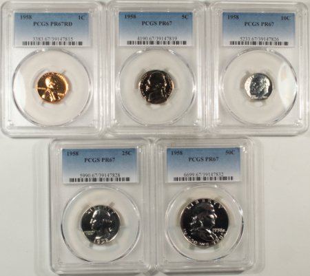 New Certified Coins 1958 5 COIN US SILVER PROOF SET – PCGS PR-67, MATCHED SUPERB GEM WITH RED CENT!