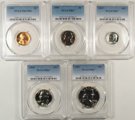 New Certified Coins 1959 5 COIN US SILVER PROOF SET – PCGS PR-67, MATCHED SUPERB GEM WITH RED CENT!