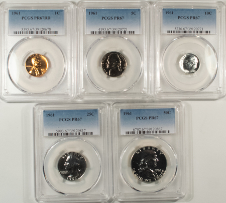 New Certified Coins 1961 5 COIN US SILVER PROOF SET – PCGS PR-67, MATCHED SUPERB GEM WITH RED CENT!