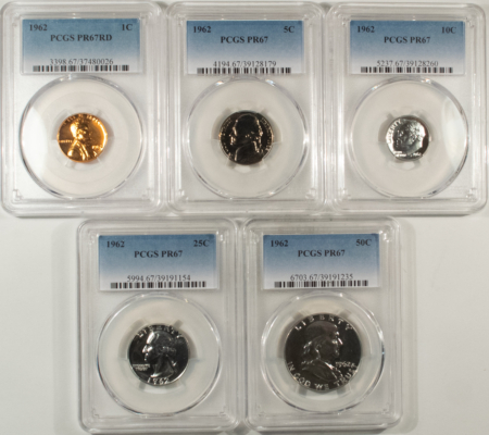 New Certified Coins 1962 5 COIN US SILVER PROOF SET – PCGS PR-67, MATCHED SUPERB GEM WITH RED CENT!
