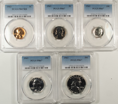 New Certified Coins 1963 5 COIN US SILVER PROOF SET – PCGS PR-67, MATCHED SUPERB GEM WITH RED CENT!