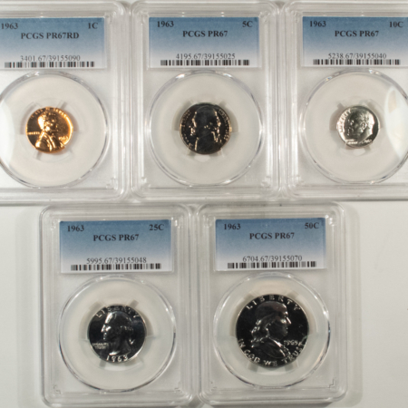 New Certified Coins 1963 5 COIN US SILVER PROOF SET – PCGS PR-67, MATCHED SUPERB GEM WITH RED CENT!