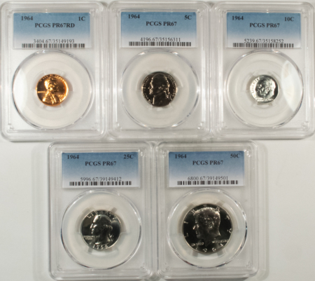 New Certified Coins 1964 5 COIN US SILVER PROOF SET – PCGS PR-67, MATCHED SUPERB GEM WITH RED CENT!