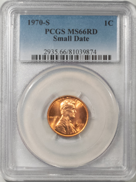 Lincoln Cents (Memorial) 1970-S LINCOLN CENT, SMALL DATE – PCGS MS-66 RD, BLAZING RED!