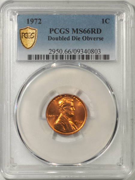 Lincoln Cents (Memorial) 1972 LINCOLN CENT, DOUBLED DIE OBVERSE – PCGS MS-66 RD, BLAZING LUSTER & NICE!