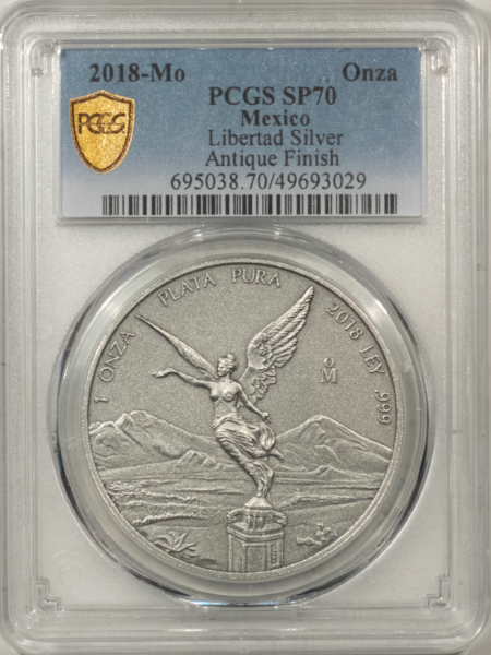 New Store Items 2018-Mo MEXICO ONZA SILVER LIBERTAD – PCGS SP-70, ANTIQUE FINISH!