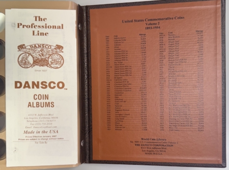 Early Commems DANSCO U.S. COMMEMORATIVE COINS VOL 1 & VOL 2, 4 PAGES EACH, PRISTINE, LIKE-NEW!