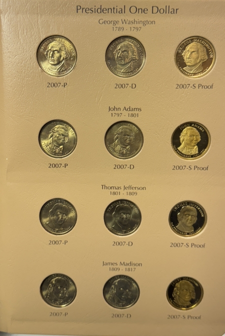 Eisenhower Dollars 2007-16 PRESIDENTIAL DOLLAR 117 COIN COMPLETE SET, ALL BU/PROOFS 2 DANSCO ALBUMS