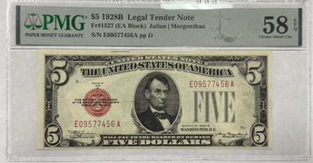 Legal Tender 1928B $5 US RED SEAL LEGAL TENDER NOTE, FR#1527 – PMG CHOICE ABOUT UNC 58 EPQ!