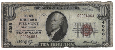 New Store Items 1929 TY I NATIONAL BANK NOTE, DAVIS NATIONAL BANK OF PIEDMONT, WV, CHTR 4088-VG!