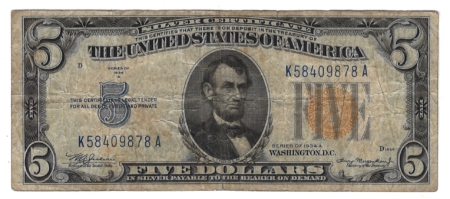 New Store Items 1934-A $5 SILVER CERTIFICATE, NORTH AFRICA, WW II EMERGENCY, F/VF, MINOR ISSUE
