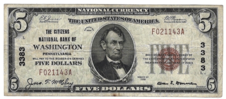 New Store Items 1929 TY I NATIONAL BANK NOTE, CITIZENS NATIONAL BANK OF WASHINGTON PA-CH VF