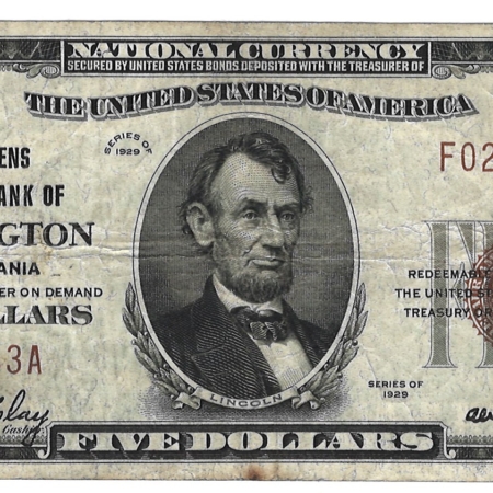 New Store Items 1929 TY I NATIONAL BANK NOTE, CITIZENS NATIONAL BANK OF WASHINGTON PA-CH VF