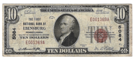 New Store Items 1929 TY I NATIONAL BANK NOTE, FIRST NATIONAL BANK OF EBENSBURG PA – ORIGINAL VF!