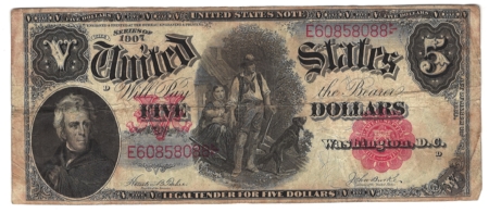 Large U.S. Notes 1907 $5 “WOOD CHOPPER” U.S. NOTE, FR-88, HONEST F/VF W/ DECENT COLOR!