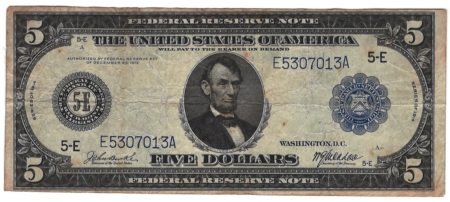 Large Federal Reserve Notes 1914 $5 FEDERAL RESERVE NOTE, RICHMOND, FR-860, ORIGINAL VF