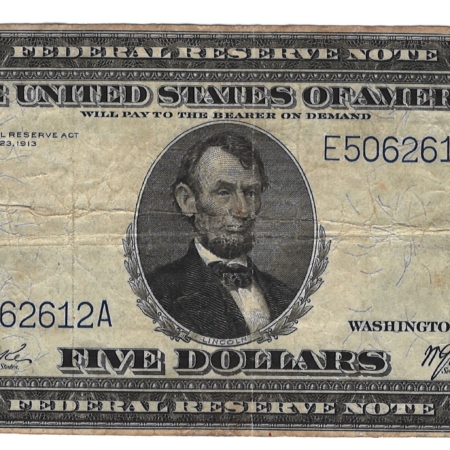 Large Federal Reserve Notes 1914 $5 FEDERAL RESERVE NOTE, RICHMOND, FR-860, ORIGINAL VF!