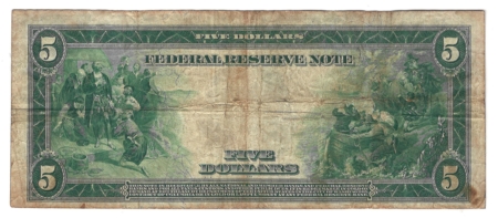 Large Federal Reserve Notes 1914 $5 FEDERAL RESERVE NOTE, RICHMOND, FR-860, ORIGINAL VF!