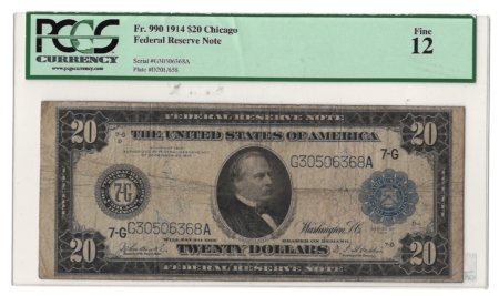 Large Federal Reserve Notes 1914 $20 FEDERAL RESERVE NOTE, CHICAGO, FR-990, PCGS CURRENCY FINE-12