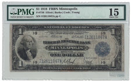 Large Federal Reserve Notes 1918 $1 FEDERAL RESERVE BANKNOTE, FR-736, MINNEAPOLIS, PMG CHOICE FINE-15!
