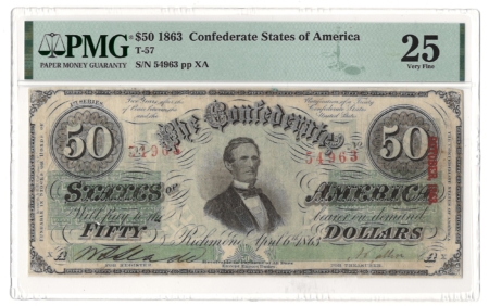 Confederate Notes 1863 $50 CONFEDERATE STATES OF AMERICA, T-57, pp XA, PMG VF-25