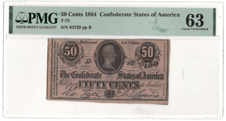 Confederate Notes 1864 50c CONFEDERATE STATES OF AMERICA, T-72, pp B, PMG CHOICE UNCIRCULATED 63!