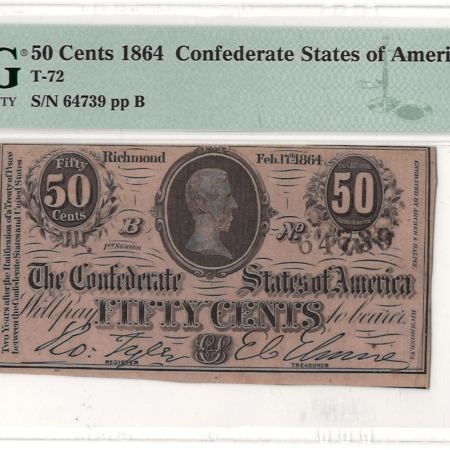 Confederate Notes 1864 50c CONFEDERATE STATES OF AMERICA, T-72, pp B, PMG CHOICE UNCIRCULATED 63!