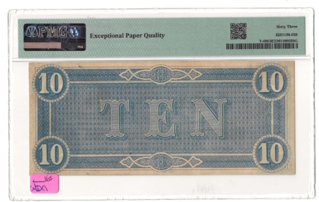 Confederate Notes 1864 $10 CONFEDERATE STATES OF AMERICA, T-68, pp F, PMG CH UNC-63 EPQ!