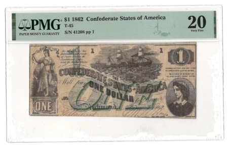 Confederate Notes 1862 $1 CONFEDERATE STATES OF AMERICA, T-45, pp 1, PMG VF-20-SCARCE NOTE!