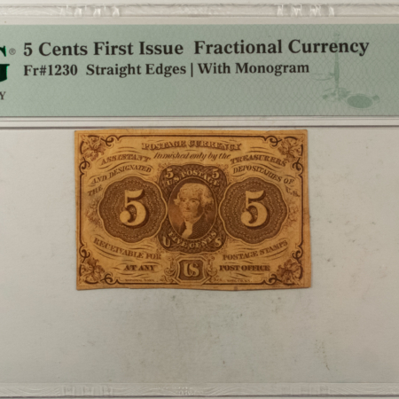 Fractional Currency 5 CENTS 1st ISSUE FRACTIONAL CURRENCY FR#1230 STRAIGHT EDGES PMG VF-30 EPQ NICE!