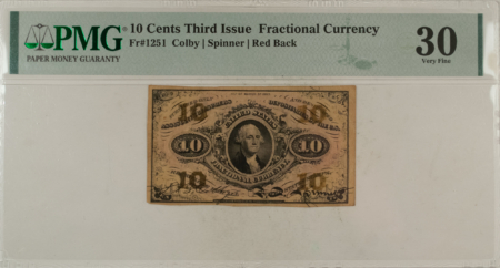 Fractional Currency 10 CENTS 3RD ISSUE FRACTIONAL CURRENCY FR#1251 COLBY SPINNER RED BACK PMG VF-30!