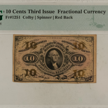 Fractional Currency 10 CENTS 3RD ISSUE FRACTIONAL CURRENCY FR#1251 COLBY SPINNER RED BACK PMG VF-30!