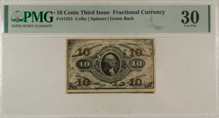 Fractional Currency 10 CENTS 3RD ISS FRACTIONAL CURRENCY FR#1255 COLBY SPINNER GREEN BACK PMG VF-30!