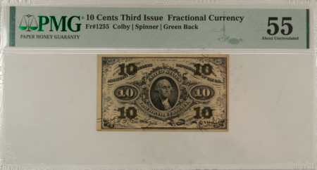 Fractional Currency 10 CENTS 3RD ISS FRACTIONAL CURRENCY FR#1255 COLBY SPINNER GREEN BACK PMG AU-55!