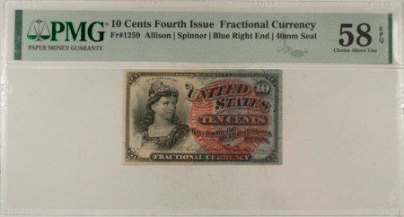 Fractional Currency 10 CENTS 4TH ISS FRACTIONAL CURRENCY FR#1259 ALLISON SPINNER – PMG CH/AU-58 EPQ!
