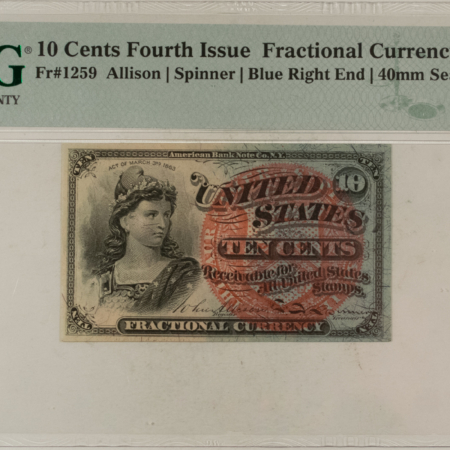Fractional Currency 10 CENTS 4TH ISS FRACTIONAL CURRENCY FR#1259 ALLISON SPINNER – PMG CH/AU-58 EPQ!