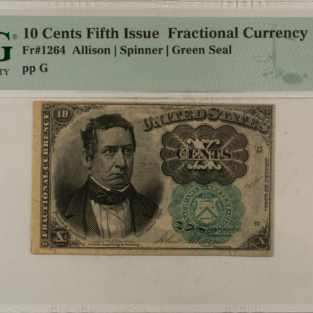 Fractional Currency 10 CENTS 5TH ISSUE FRACTIONAL CURRENCY FR#1264 ALLISON SPINNER – PMG AU-53!