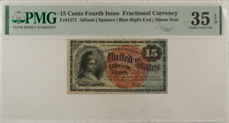 Fractional Currency 15 CENTS 4TH ISS FRACTIONAL CURRENCY FR#1271 ALLISON SPINNER – PMG CH/VF-35 EPQ!