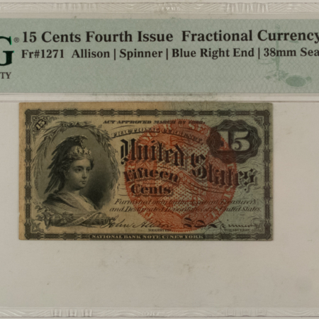 Fractional Currency 15 CENTS 4TH ISS FRACTIONAL CURRENCY FR#1271 ALLISON SPINNER – PMG CH/VF-35 EPQ!