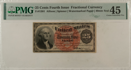 Fractional Currency 25 CENTS 4TH ISSUE FRACTIONAL CURRENCY FR#1301 ALLISON SPINNER – PMG CH/XF-45!