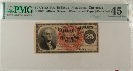 Fractional Currency 25 CENTS 4TH ISSUE FRACTIONAL CURRENCY FR#1301 ALLISON SPINNER – PMG CH/XF-45!
