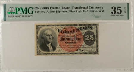 Fractional Currency 25 CENTS 4TH ISSUE FRACTIONAL CURRENCY FR#1307 ALLISON SPINNER PMG CH/VF-35 EPQ!