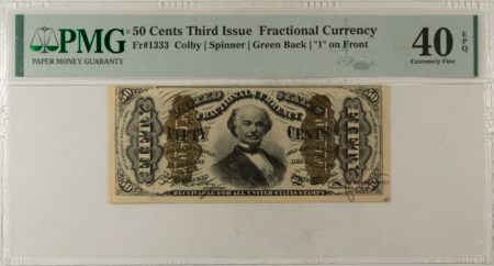 Fractional Currency 50 CENTS 3RD ISSUE FRACTIONAL CURRENCY FR#1333 COLBY SPINNER – PMG XF-40 EPQ!