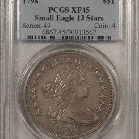 Dollars 1798 DRAPED BUST $1, SMALL EAGLE, 13 STARS, PCGS XF-45-RARE, CHOICE & AU DETAILS