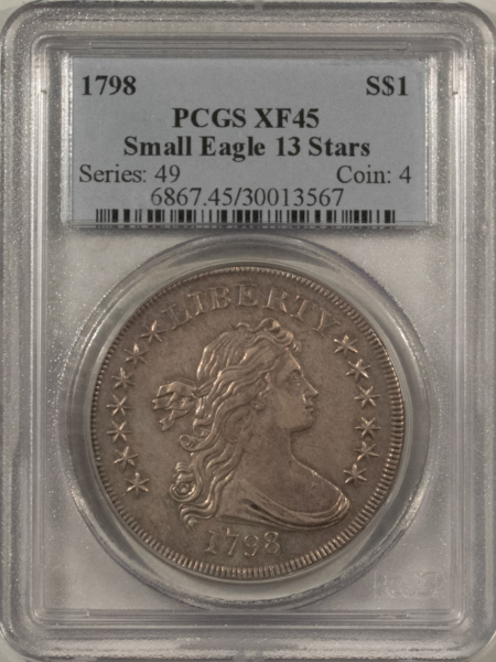 Dollars 1798 DRAPED BUST $1, SMALL EAGLE, 13 STARS, PCGS XF-45-RARE, CHOICE & AU DETAILS